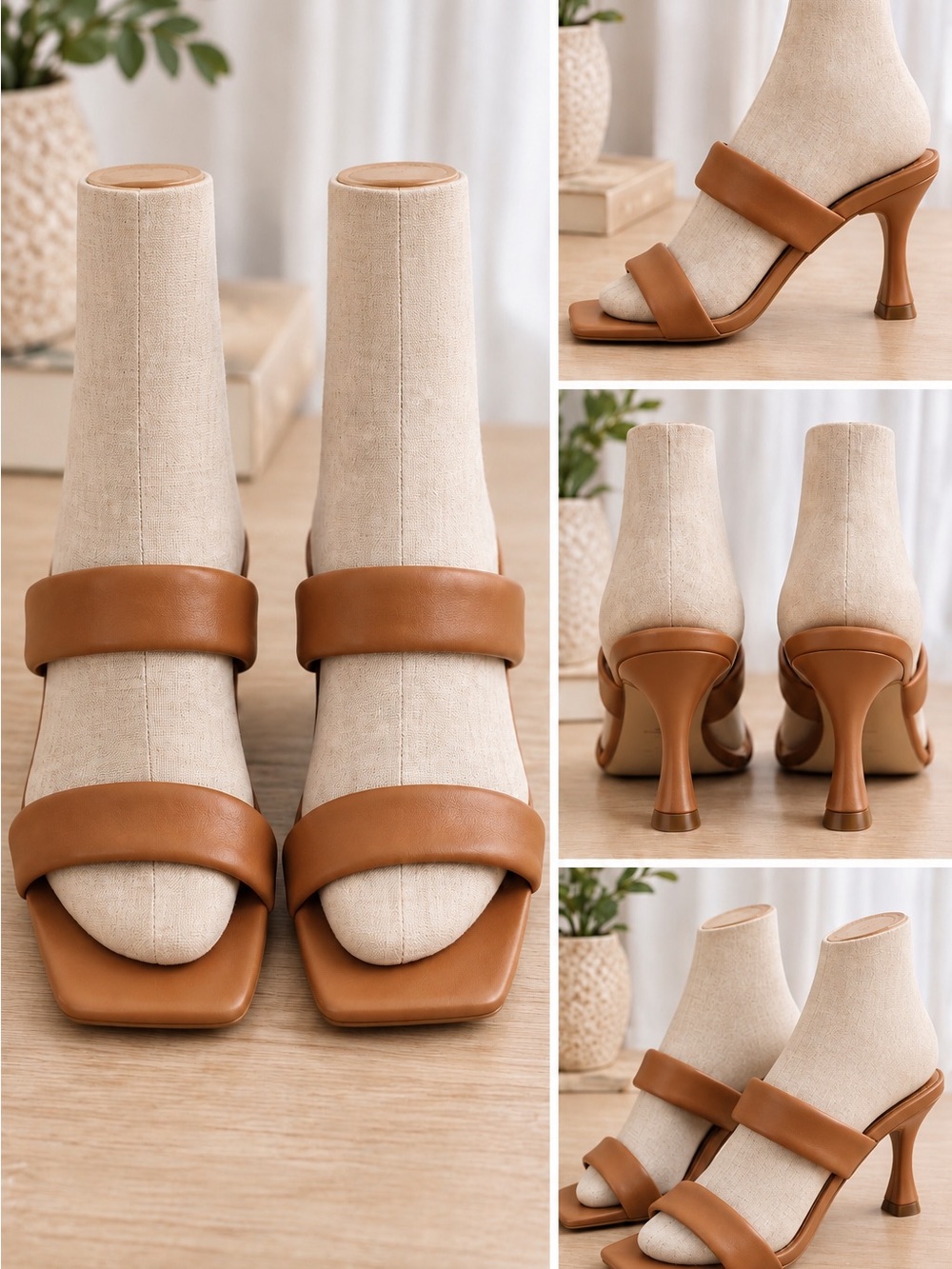 Anne Michelle Tan Double-Strap Square-Toe Mule Heels